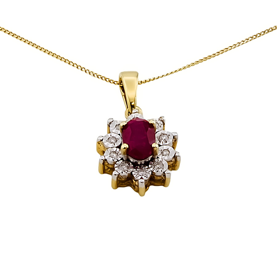 9ct Gold Ruby / Diamond Cluster Pendant with Chain